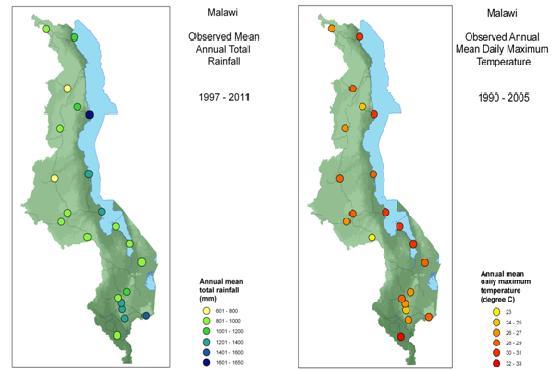 Observed mean annual total rainfall and observed mean daily maximum temperature figures