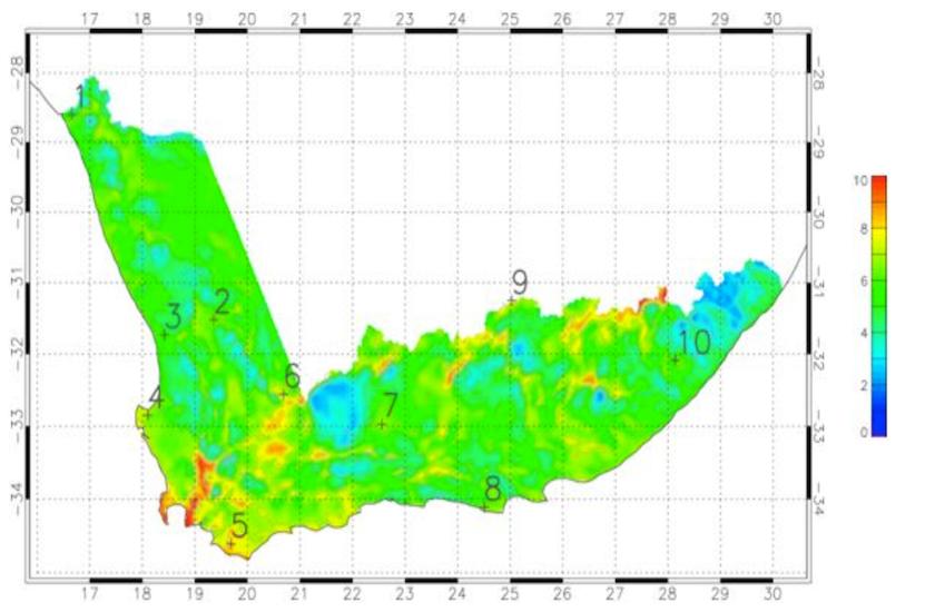 Simulated climatological (30-year) annual mean wind speed (m/s) at 100m above ground level. Simulated climatological (30-year) annual mean wind speed (m/s) at 100m above ground level.
